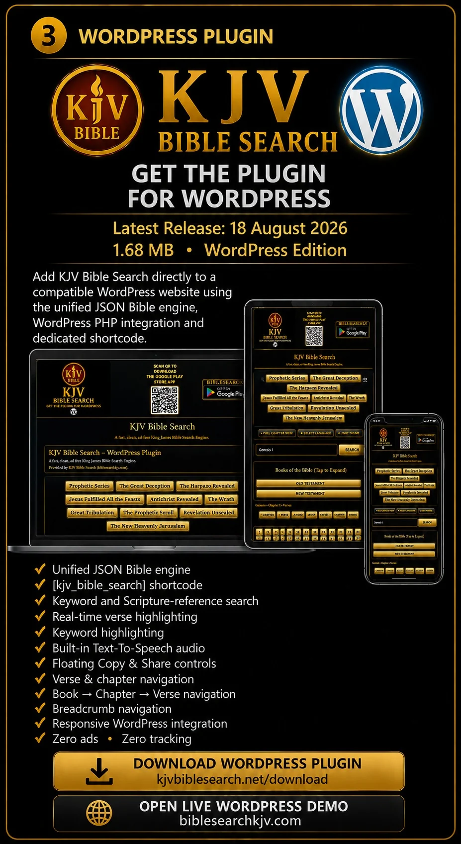 KJV Bible Search WordPress Plugin showing the responsive WordPress Bible search engine, shortcode, Scripture search, Text-to-Speech, highlighting, navigation and live demonstration